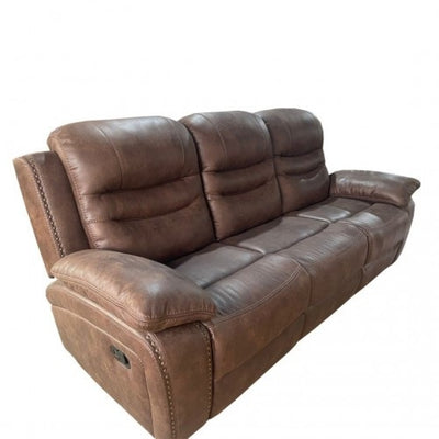 Brown Leather 3-Seater Powered Recliner with Armrests and Cup Holders