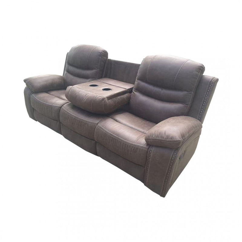 Brown Leather 3-Seater Powered Recliner with Armrests and Cup Holders